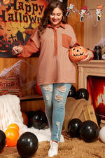 Red Stripe Textured Patched Drop Shoulder Buttoned Plus Size Sweatshirt - MarkoFit