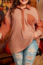 Red Stripe Textured Patched Drop Shoulder Buttoned Plus Size Sweatshirt - MarkoFit
