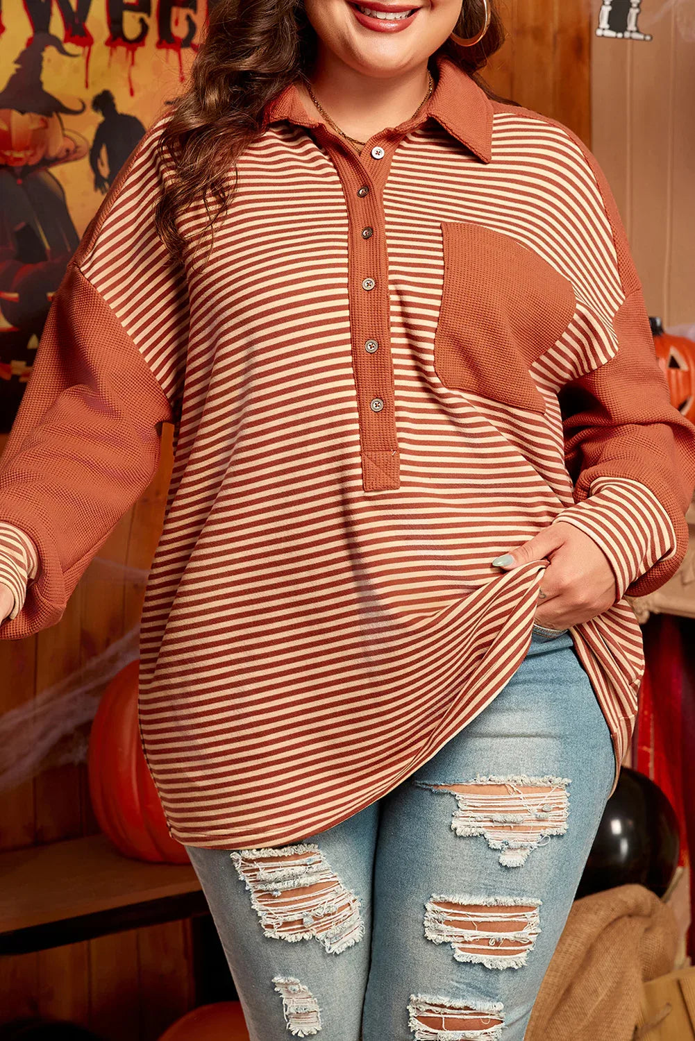 Red Stripe Textured Patched Drop Shoulder Buttoned Plus Size Sweatshirt - MarkoFit