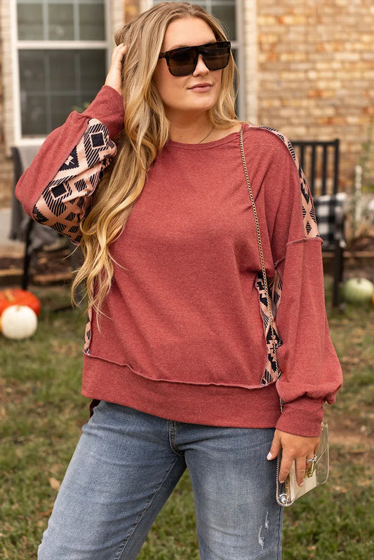 Redwood Burl Aztec Patchwork Drop Shoulder Plus Size High Low Sweatshirt - MarkoFit
