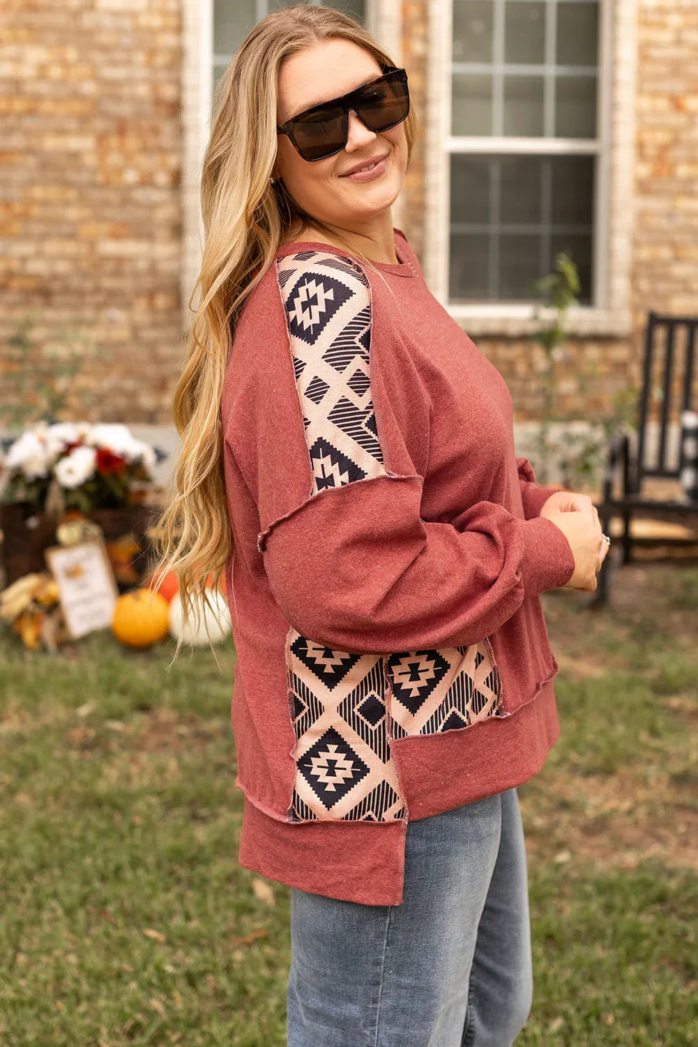 Redwood Burl Aztec Patchwork Drop Shoulder Plus Size High Low Sweatshirt - MarkoFit