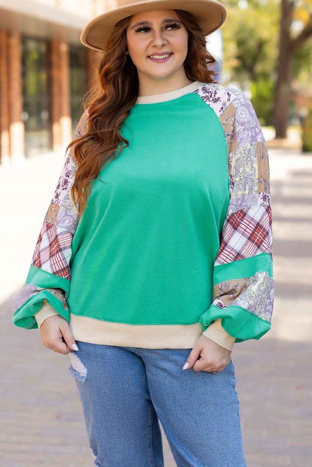 Sky Blue Plus Size Plaid Floral Patchwork Raglan Sleeve Sweatshirt - MarkoFit