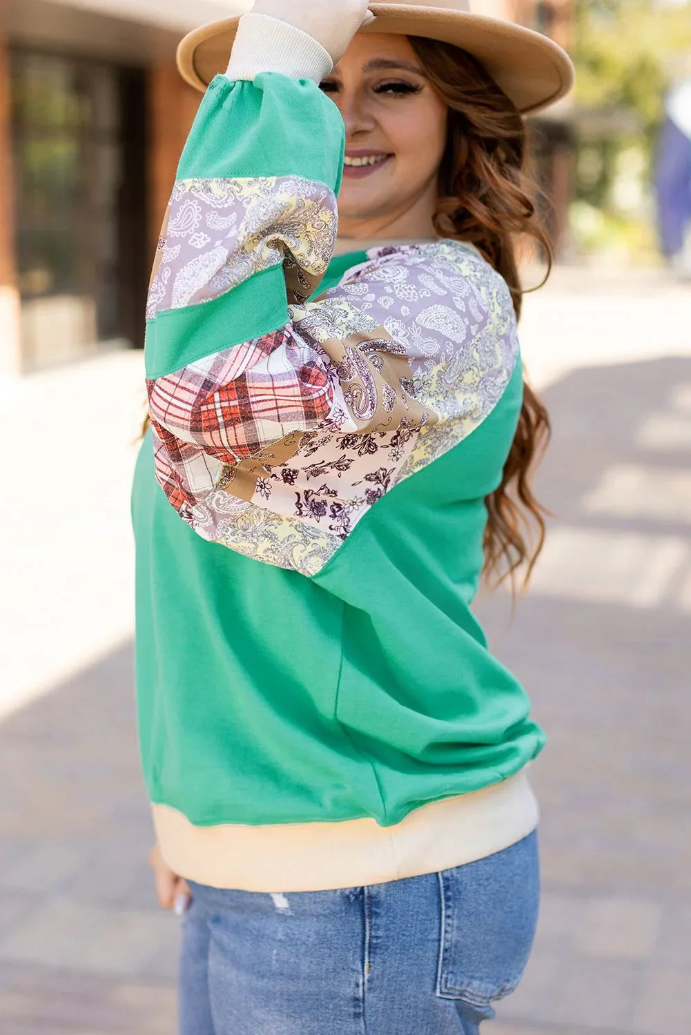 Sky Blue Plus Size Plaid Floral Patchwork Raglan Sleeve Sweatshirt - MarkoFit