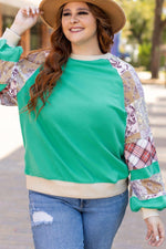 Sky Blue Plus Size Plaid Floral Patchwork Raglan Sleeve Sweatshirt - MarkoFit