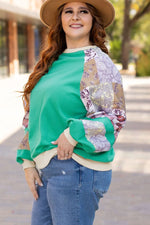 Sky Blue Plus Size Plaid Floral Patchwork Raglan Sleeve Sweatshirt - MarkoFit