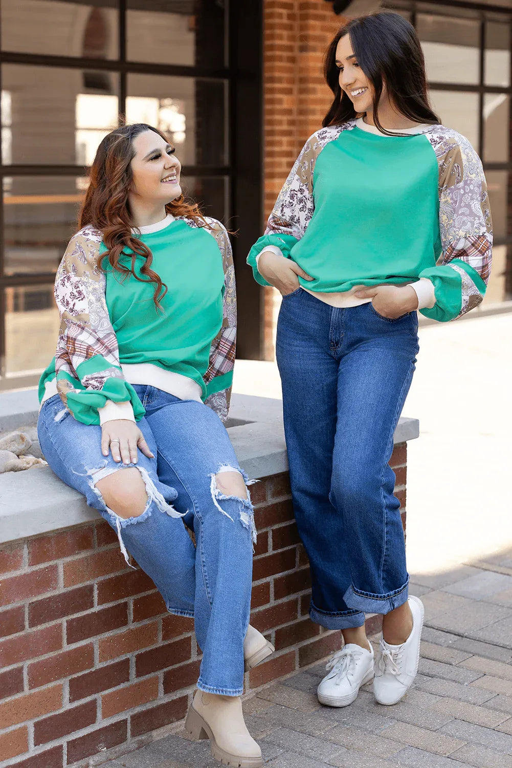 Sky Blue Plus Size Plaid Floral Patchwork Raglan Sleeve Sweatshirt - MarkoFit