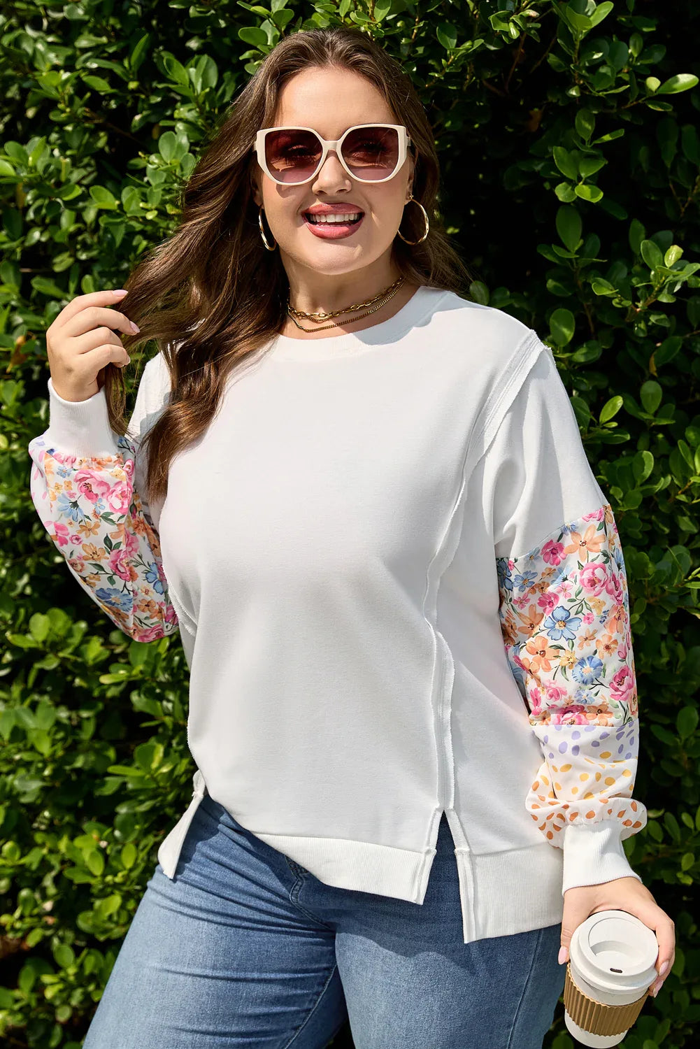 White Plus Size Exposed Seam Detail Contrast Dot Floral Patchwork Sleeve Sweatshirt - MarkoFit