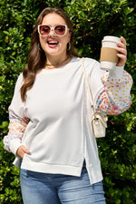 White Plus Size Exposed Seam Detail Contrast Dot Floral Patchwork Sleeve Sweatshirt - MarkoFit