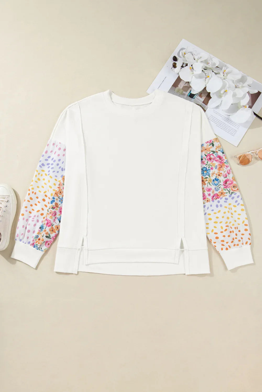 White Plus Size Exposed Seam Detail Contrast Dot Floral Patchwork Sleeve Sweatshirt - MarkoFit