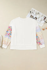 White Plus Size Exposed Seam Detail Contrast Dot Floral Patchwork Sleeve Sweatshirt - MarkoFit