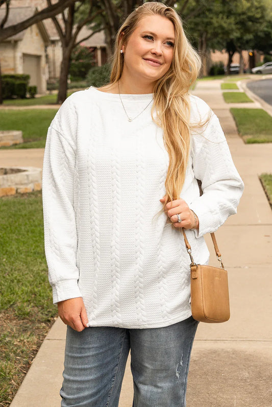 White Cable Textured Loose Plus Size Sweatshirt - MarkoFit