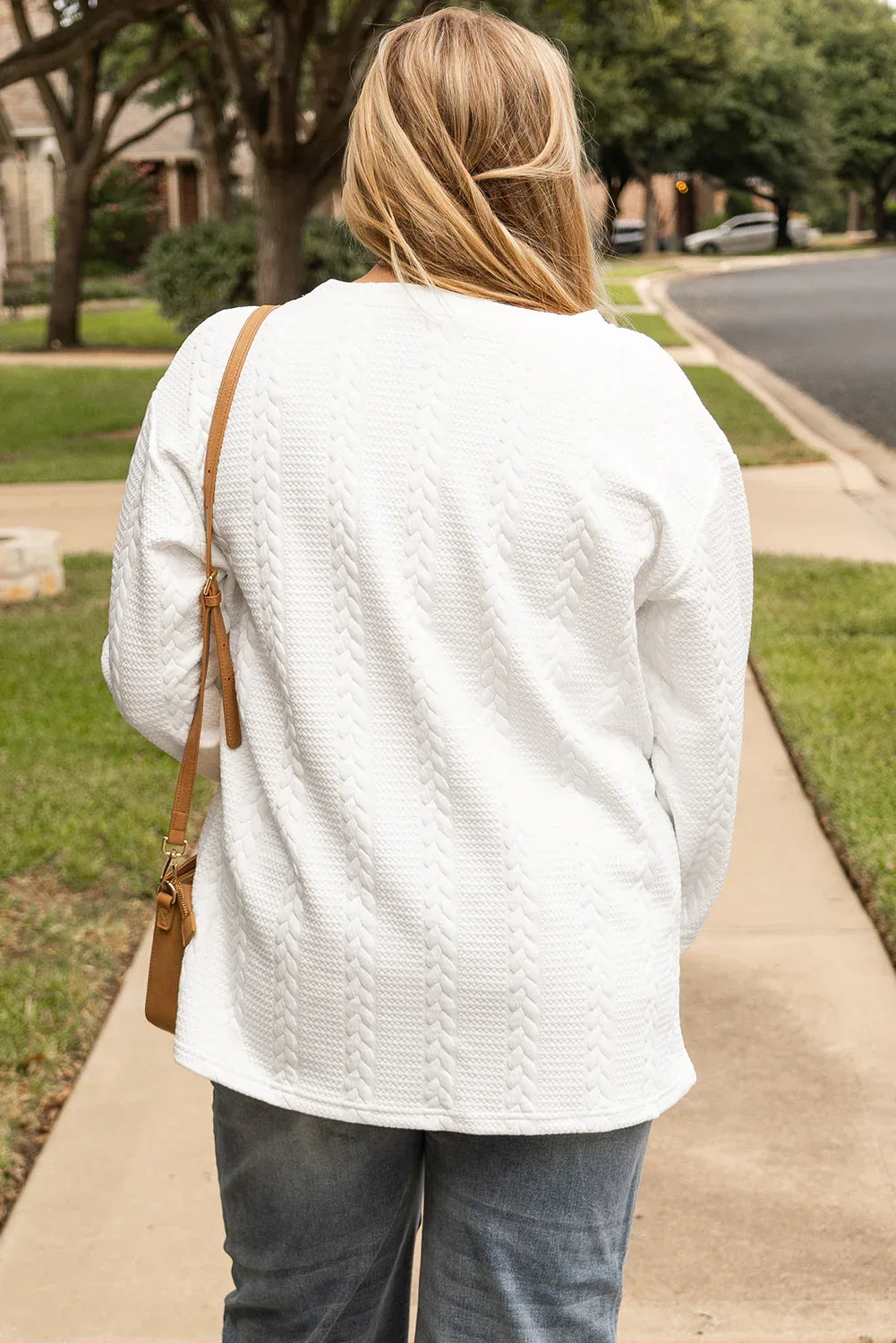 White Cable Textured Loose Plus Size Sweatshirt - MarkoFit