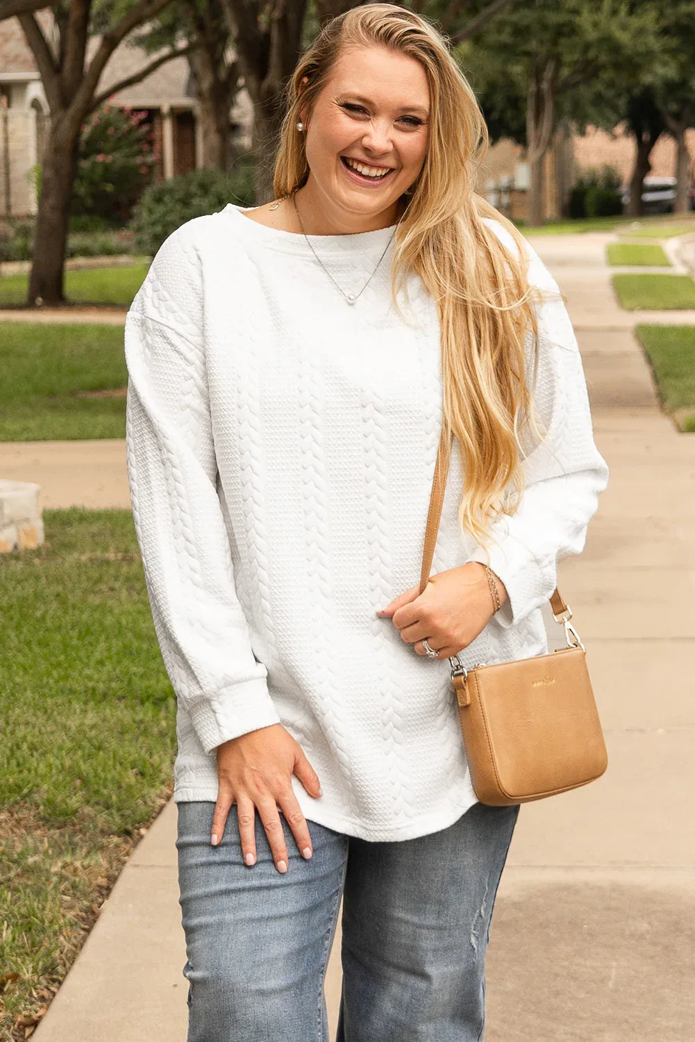 White Cable Textured Loose Plus Size Sweatshirt - MarkoFit