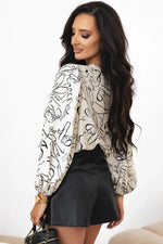 Beige Abstract Print Balloon Sleeve Crew Neck Blouse - MarkoFit