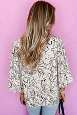 Beige Abstract Print Balloon Sleeve Crew Neck Blouse - MarkoFit