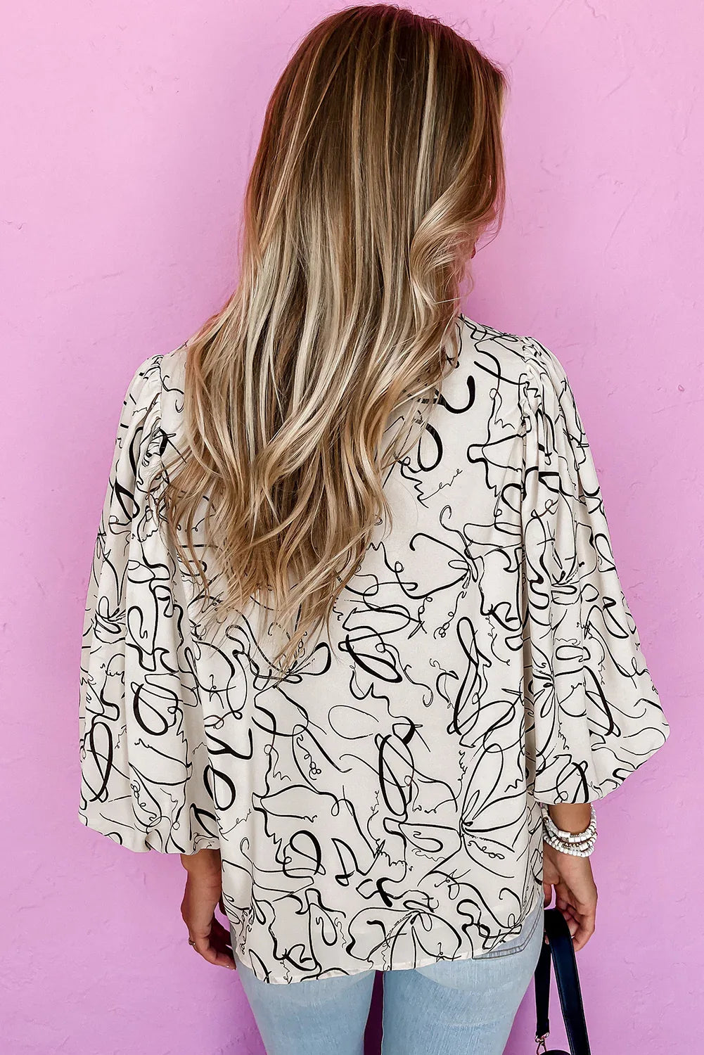 Beige Abstract Print Balloon Sleeve Crew Neck Blouse - MarkoFit