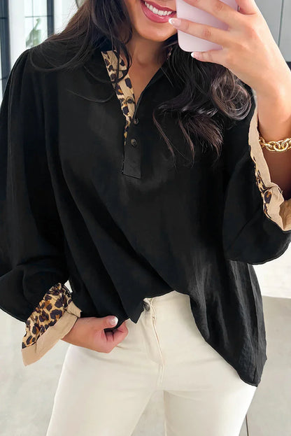 Black Contrast Leopard Print Patchwork Polo Collar Buttons Front Ruffled Long Sleeve Blouse - MarkoFit