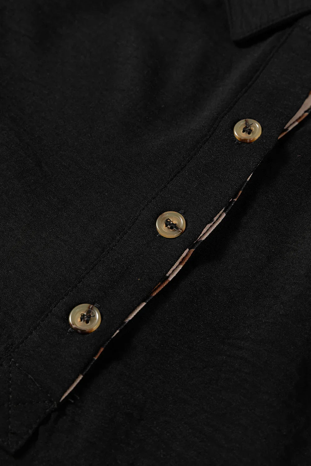 Black Contrast Leopard Print Patchwork Polo Collar Buttons Front Ruffled Long Sleeve Blouse - MarkoFit