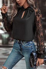Black Keyhole Neckline Floral Lace Raglan Sleeve Blouse - MarkoFit