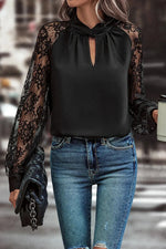 Black Keyhole Neckline Floral Lace Raglan Sleeve Blouse - MarkoFit
