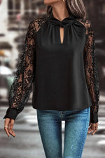 Black Keyhole Neckline Floral Lace Raglan Sleeve Blouse - MarkoFit