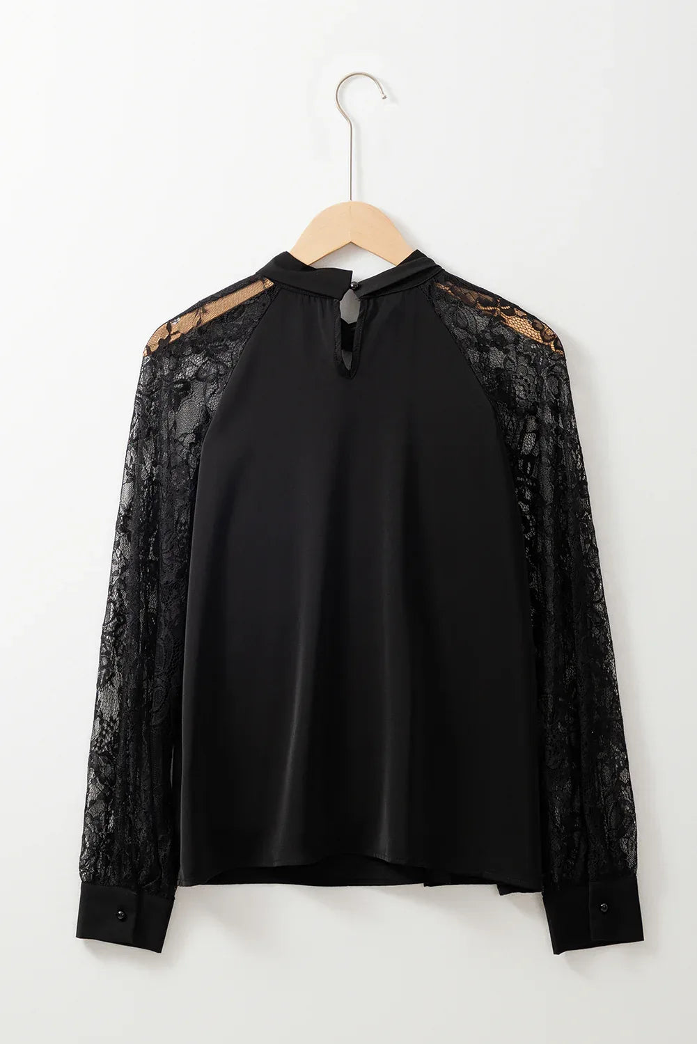 Black Keyhole Neckline Floral Lace Raglan Sleeve Blouse - MarkoFit