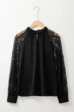 Black Keyhole Neckline Floral Lace Raglan Sleeve Blouse - MarkoFit