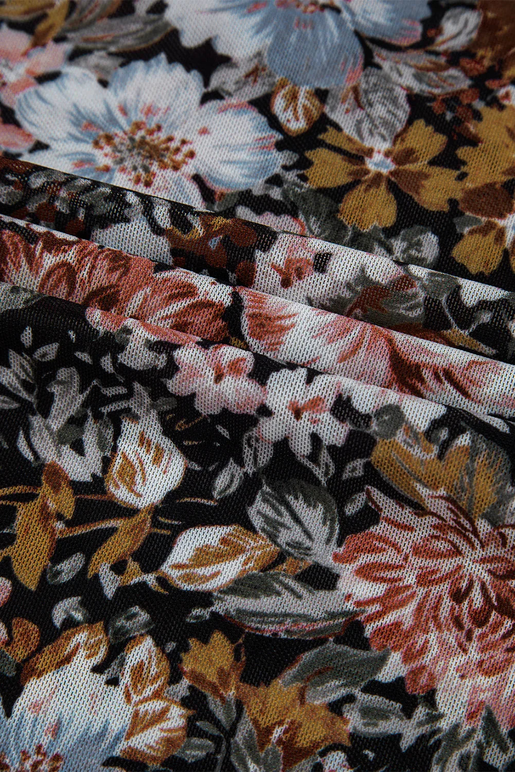 Brown Floral Long Sleeve High Neck Sheath Mesh Blouse - MarkoFit