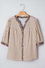Brown Stripe Leopard Trim V Neck Button Down Half Sleeve Shirt - MarkoFit