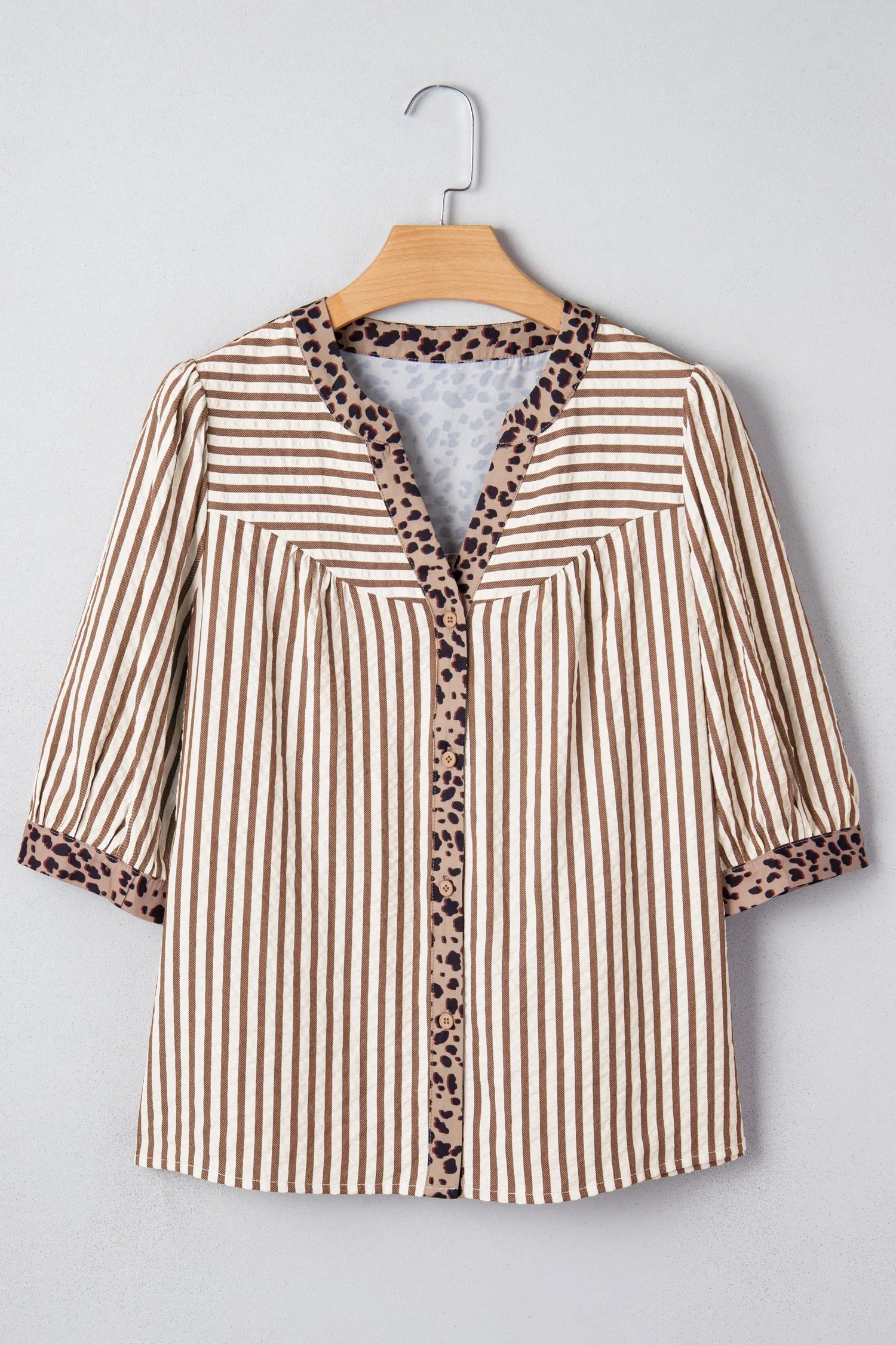 Brown Stripe Leopard Trim V Neck Button Down Half Sleeve Shirt - MarkoFit