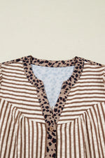 Brown Stripe Leopard Trim V Neck Button Down Half Sleeve Shirt - MarkoFit