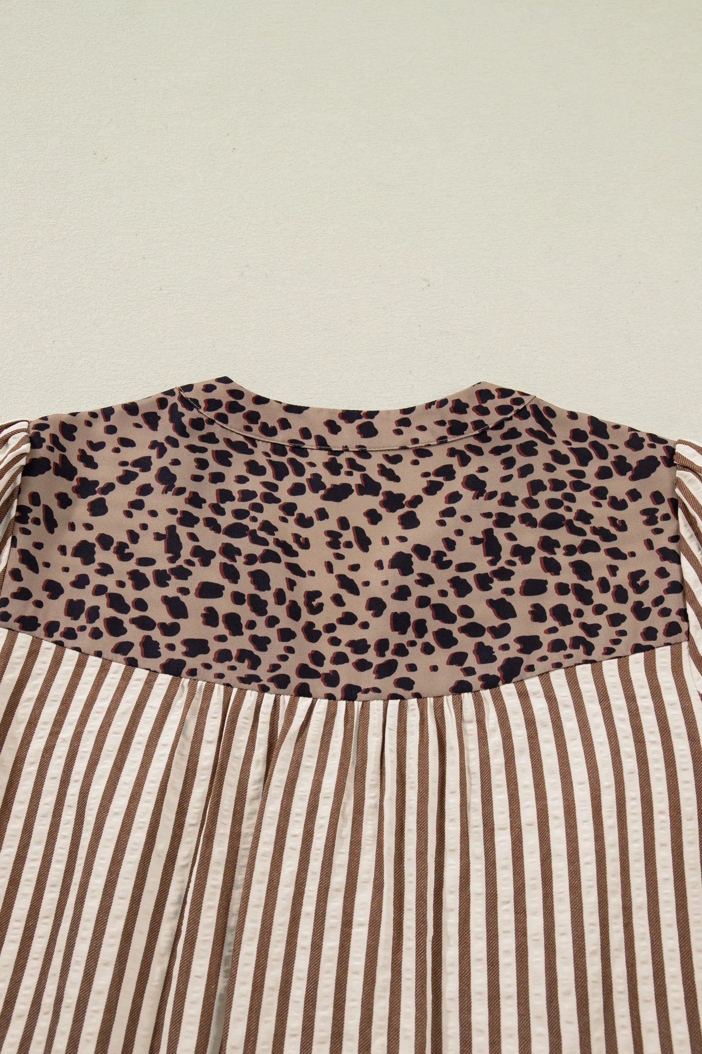 Brown Stripe Leopard Trim V Neck Button Down Half Sleeve Shirt - MarkoFit