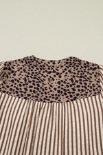 Brown Stripe Leopard Trim V Neck Button Down Half Sleeve Shirt - MarkoFit