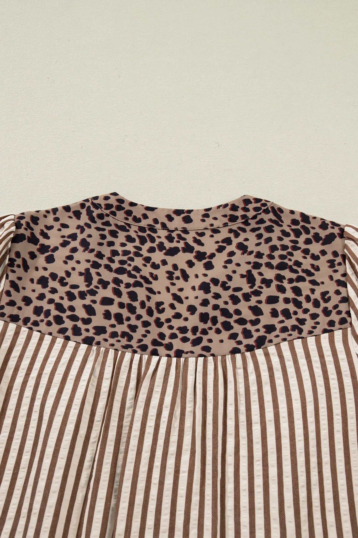 Brown Stripe Leopard Trim V Neck Button Down Half Sleeve Shirt - MarkoFit