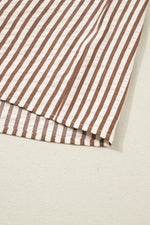 Brown Stripe Leopard Trim V Neck Button Down Half Sleeve Shirt - MarkoFit