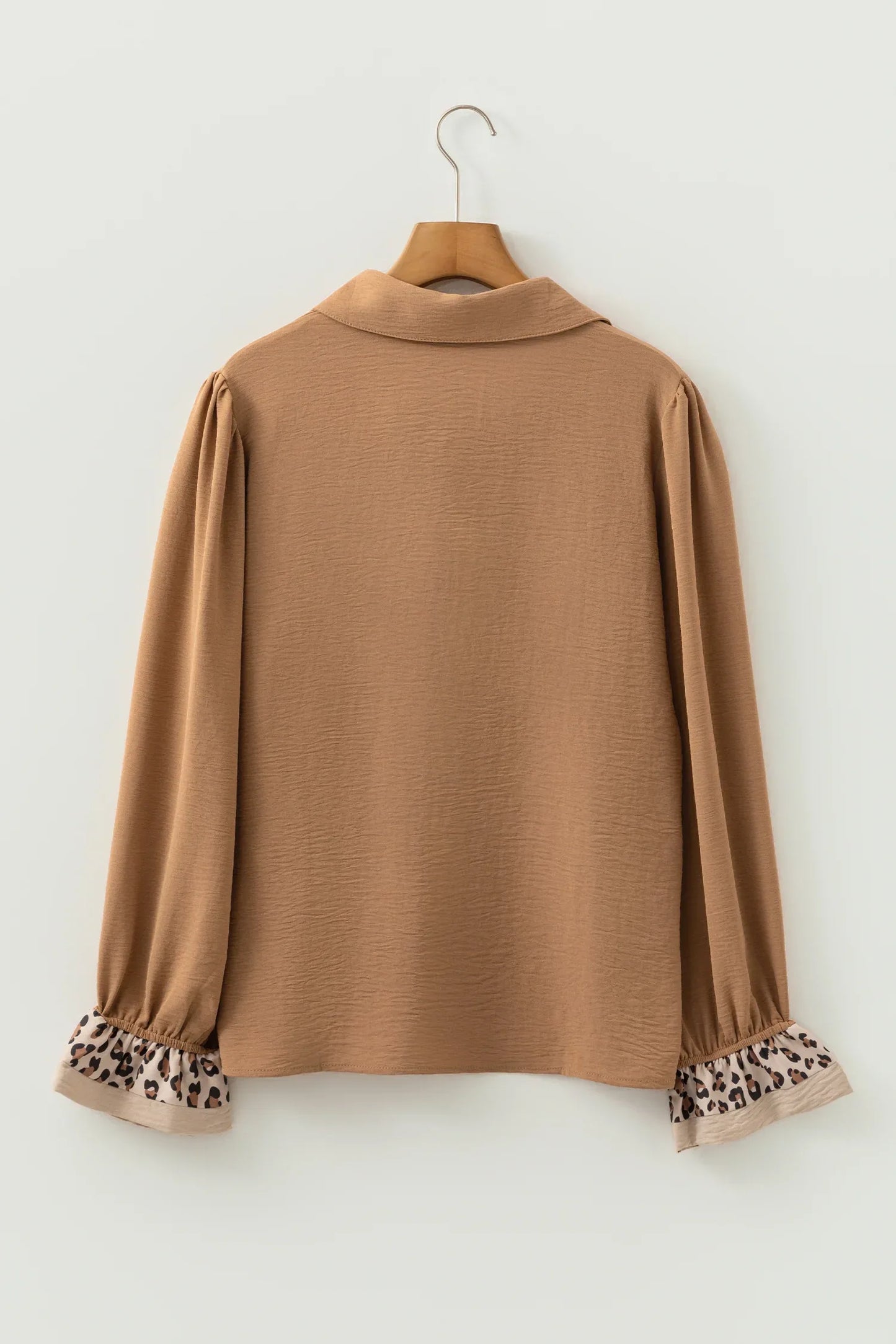 Camel Contrast Leopard Print Patchwork Polo Collar Buttons Front Ruffled Long Sleeve Blouse - MarkoFit