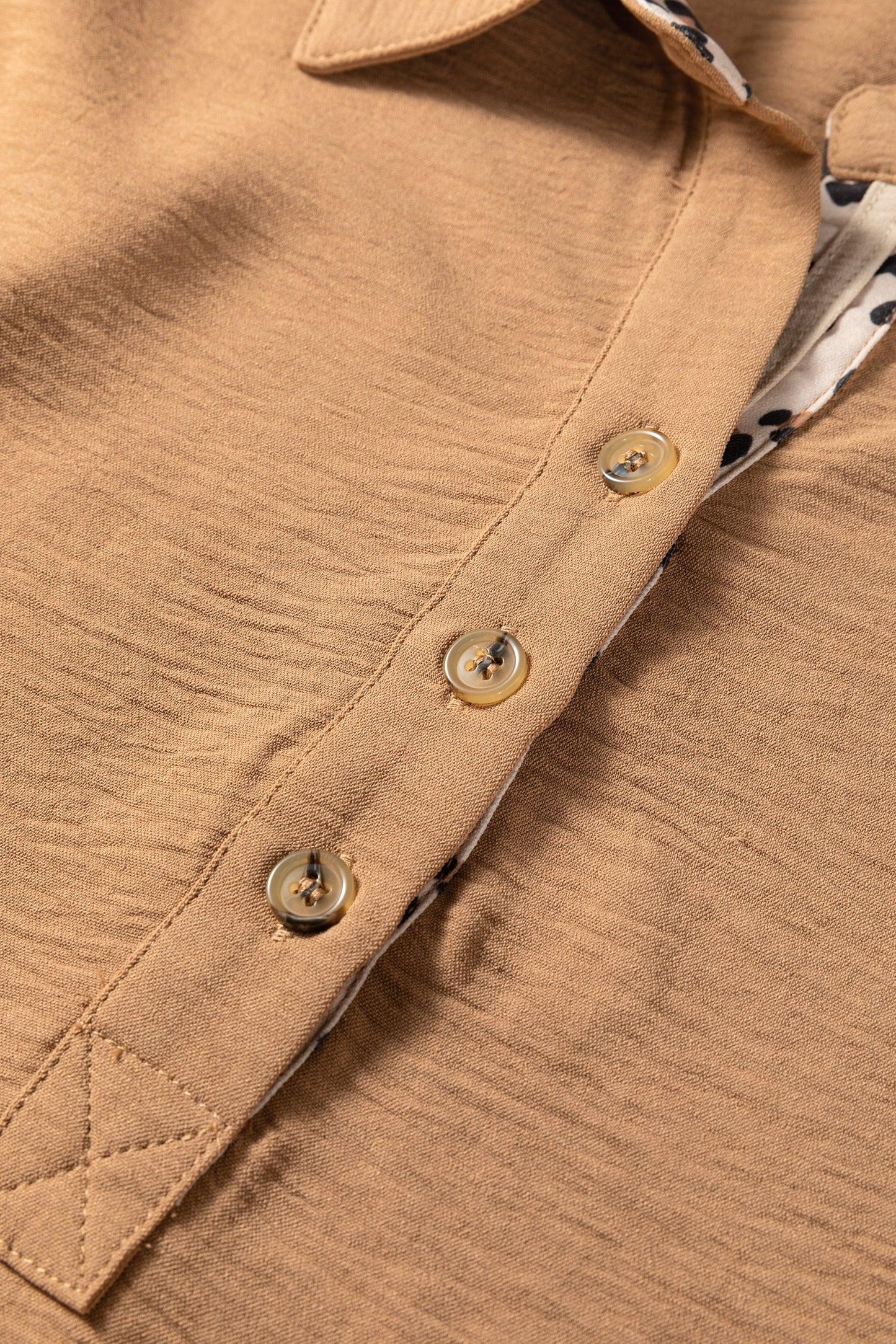 Camel Contrast Leopard Print Patchwork Polo Collar Buttons Front Ruffled Long Sleeve Blouse - MarkoFit