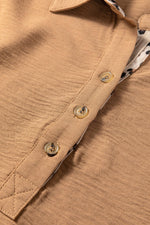 Camel Contrast Leopard Print Patchwork Polo Collar Buttons Front Ruffled Long Sleeve Blouse - MarkoFit