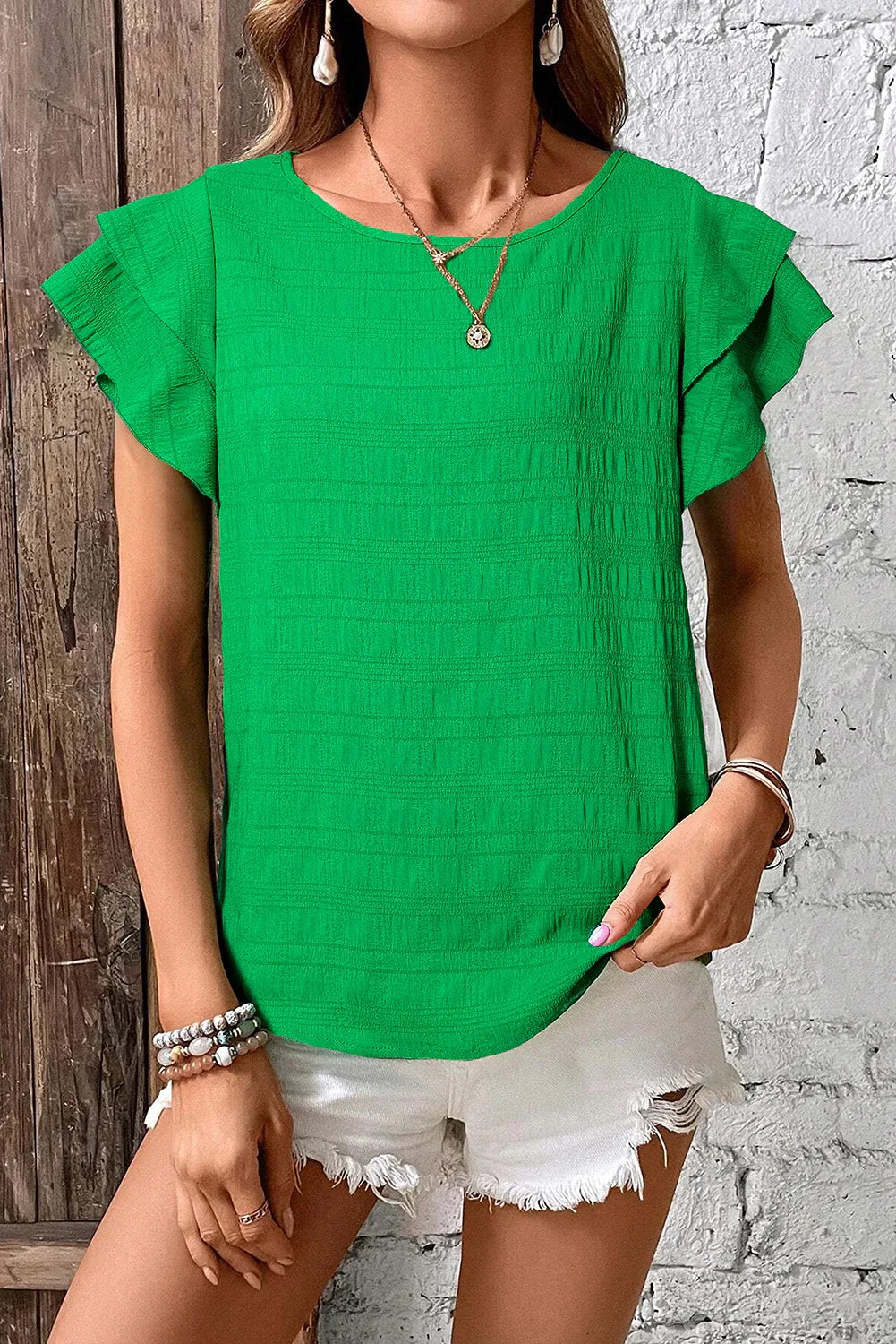 Dark Green Textured Ruffled Sleeve Round Neck Top - MarkoFit