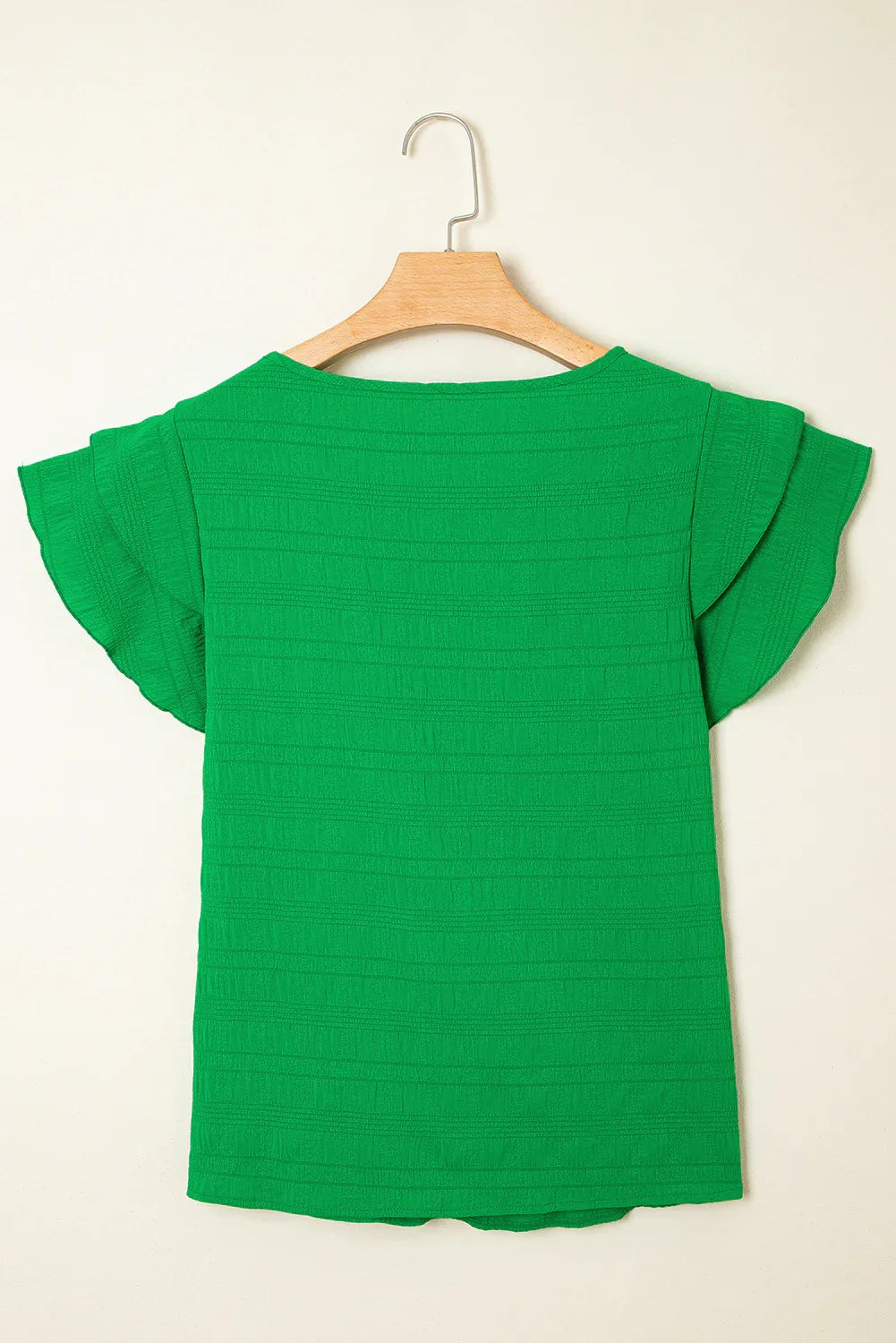 Dark Green Textured Ruffled Sleeve Round Neck Top - MarkoFit