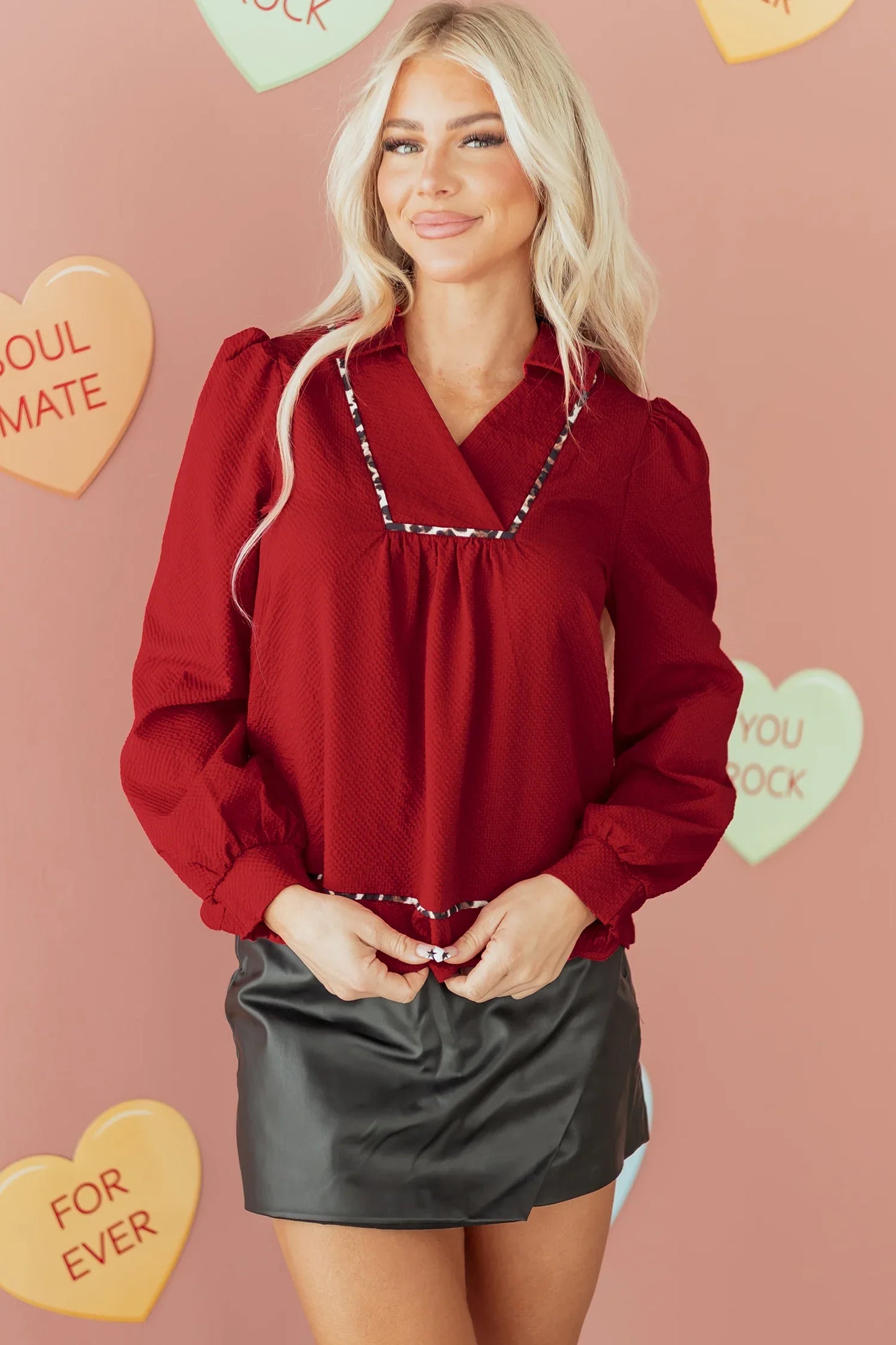 Fiery Red Collar V Neck Leopard Contrasted Trim Textured Blouse - MarkoFit