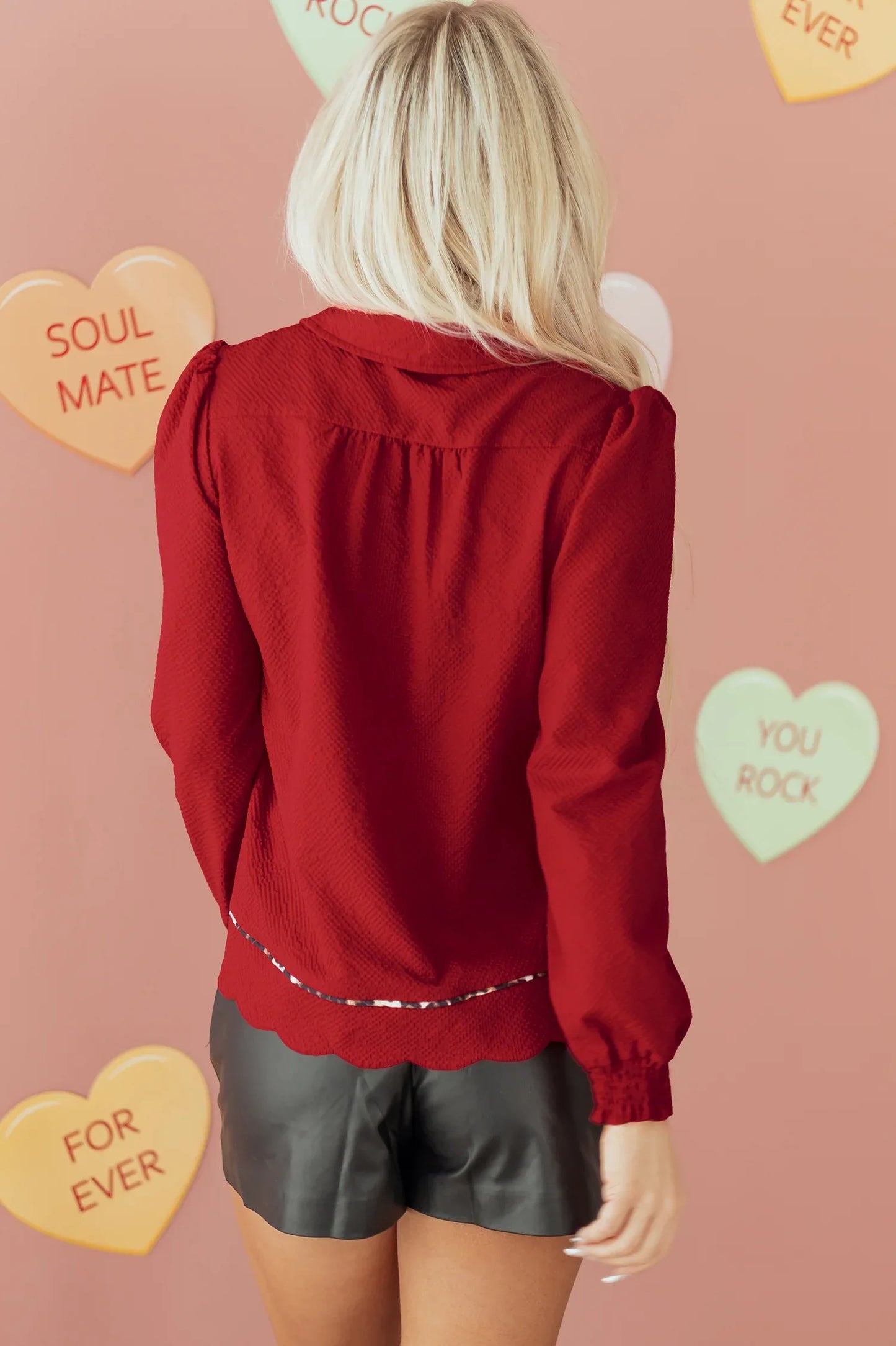 Fiery Red Collar V Neck Leopard Contrasted Trim Textured Blouse - MarkoFit