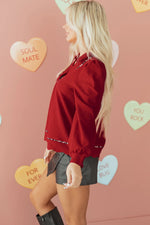 Fiery Red Collar V Neck Leopard Contrasted Trim Textured Blouse - MarkoFit