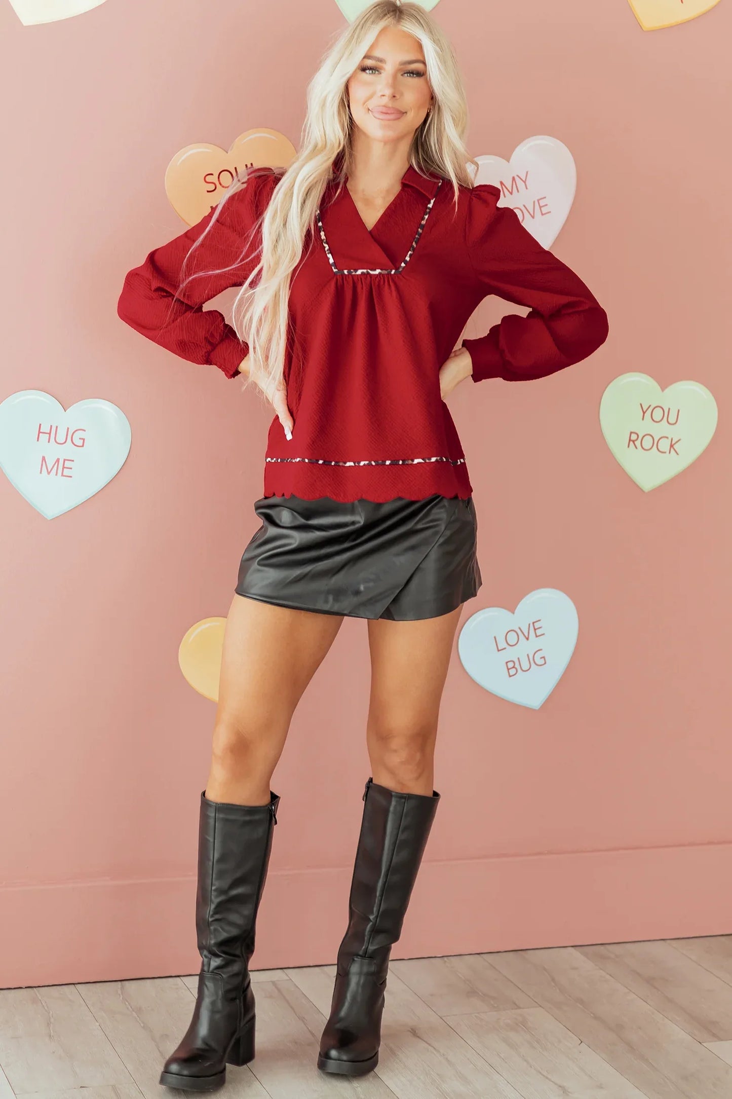 Fiery Red Collar V Neck Leopard Contrasted Trim Textured Blouse - MarkoFit