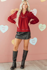 Fiery Red Collar V Neck Leopard Contrasted Trim Textured Blouse - MarkoFit