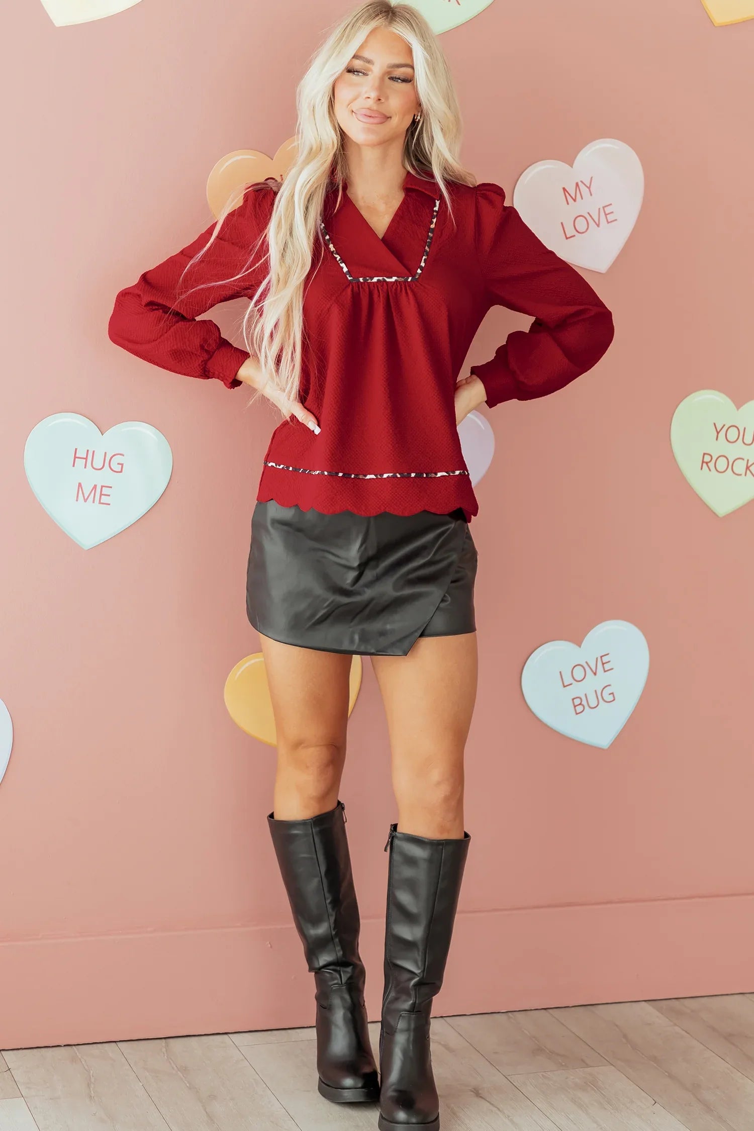 Fiery Red Collar V Neck Leopard Contrasted Trim Textured Blouse - MarkoFit