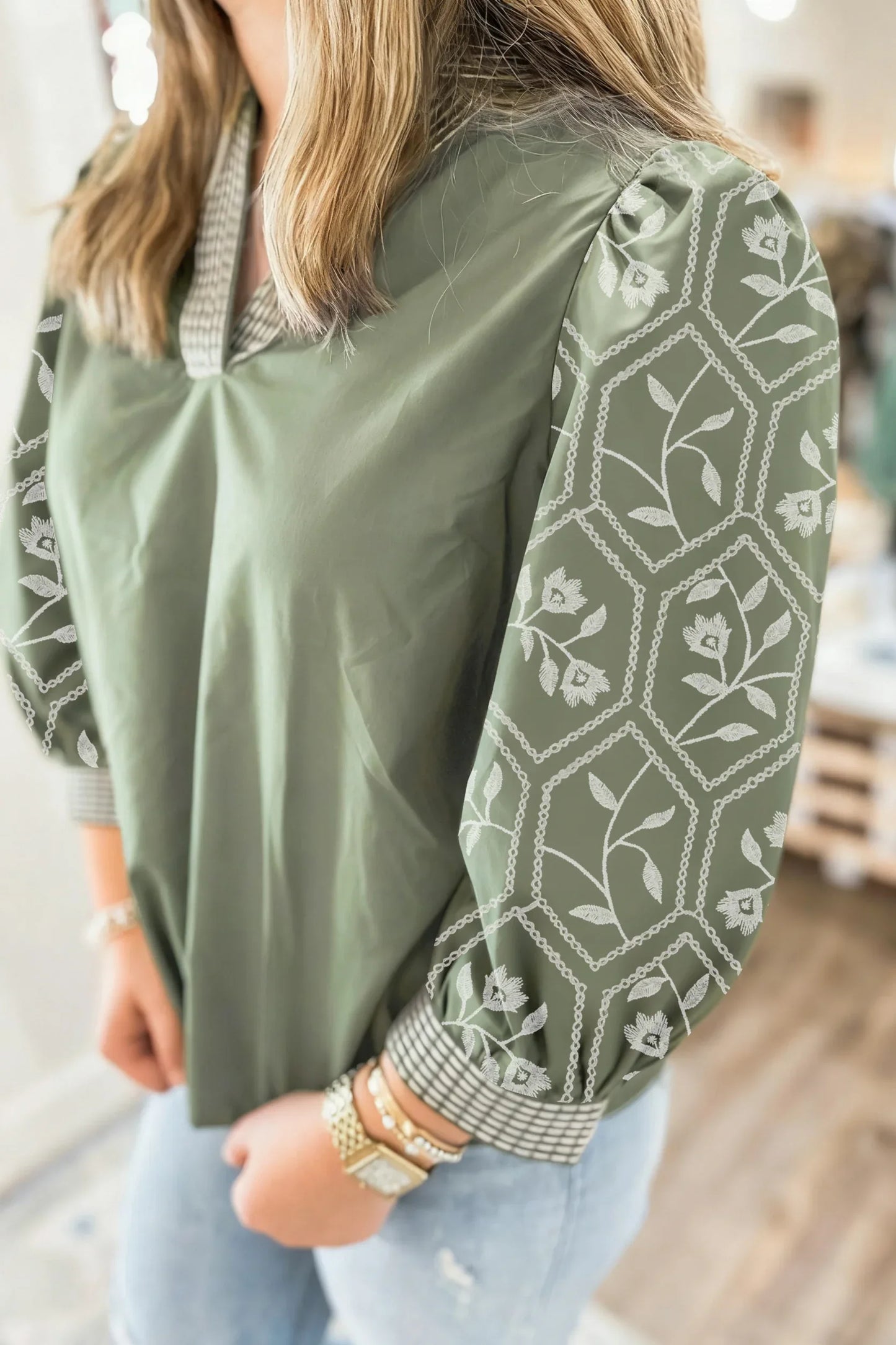 Grass Green Floral Puff Sleeve Contrast V Neck Patchwork Blouse - MarkoFit