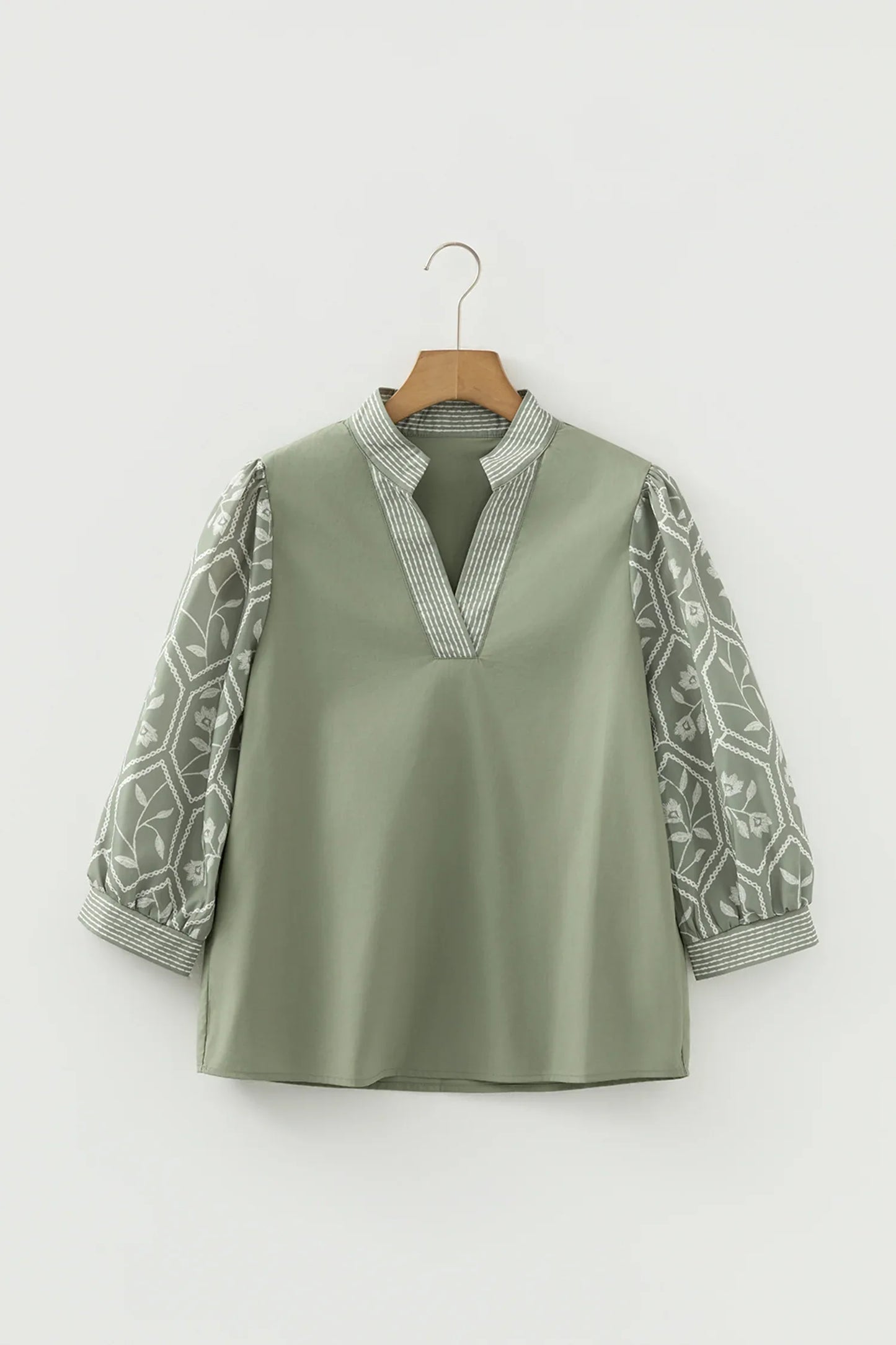 Grass Green Floral Puff Sleeve Contrast V Neck Patchwork Blouse - MarkoFit