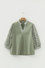 Grass Green Floral Puff Sleeve Contrast V Neck Patchwork Blouse - MarkoFit