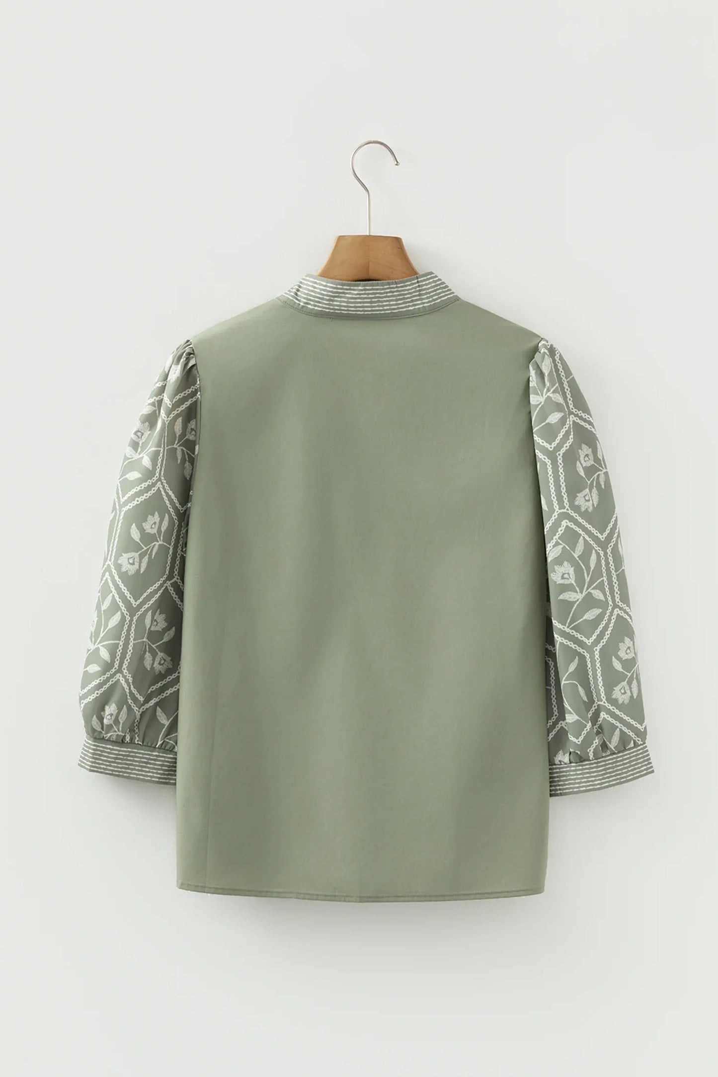 Grass Green Floral Puff Sleeve Contrast V Neck Patchwork Blouse - MarkoFit